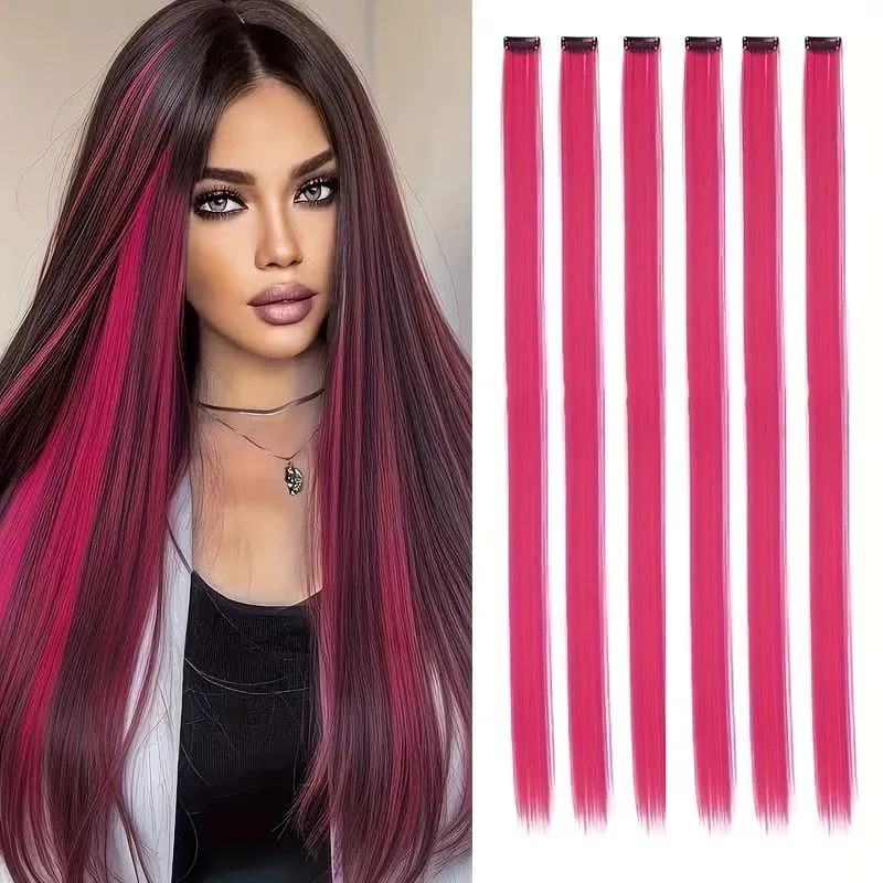 22Inch Synthetic 6pcs Long Straight Hair Extension Colored Rainbow High-Temperature Fiber Hairpiece for Women Daily Party Use — image 14