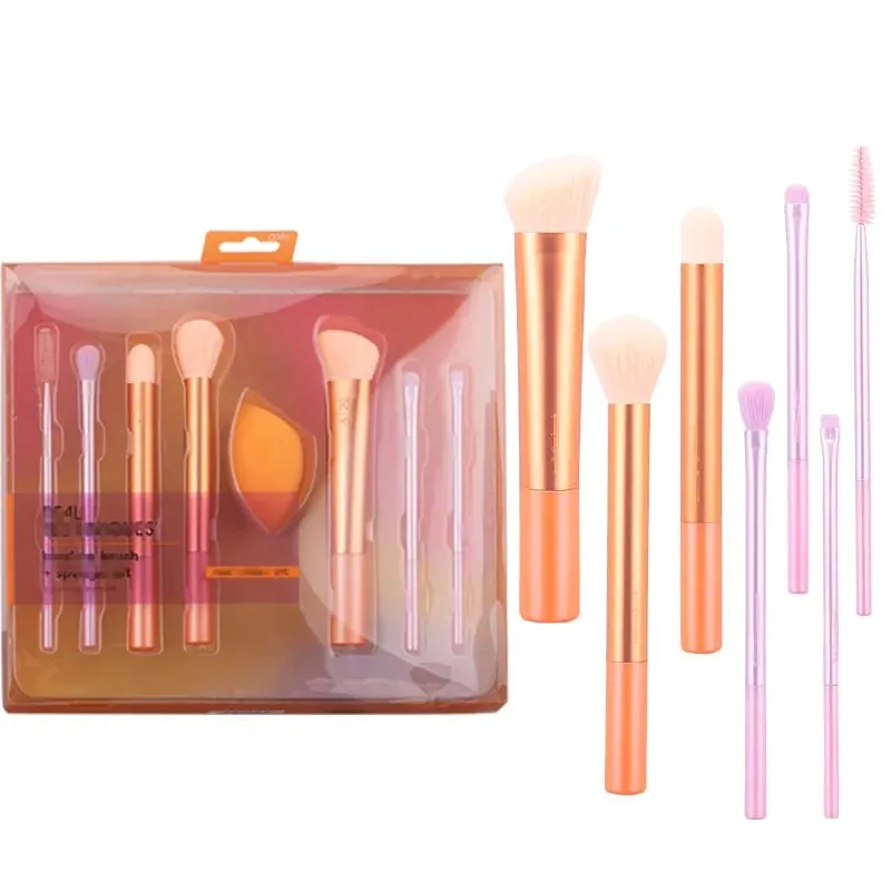 7Pcs R Series Orange Slanted Cut Makeup Brush Set with Beauty Sponge Blender Fluffy Brushes for Foundation Make-up