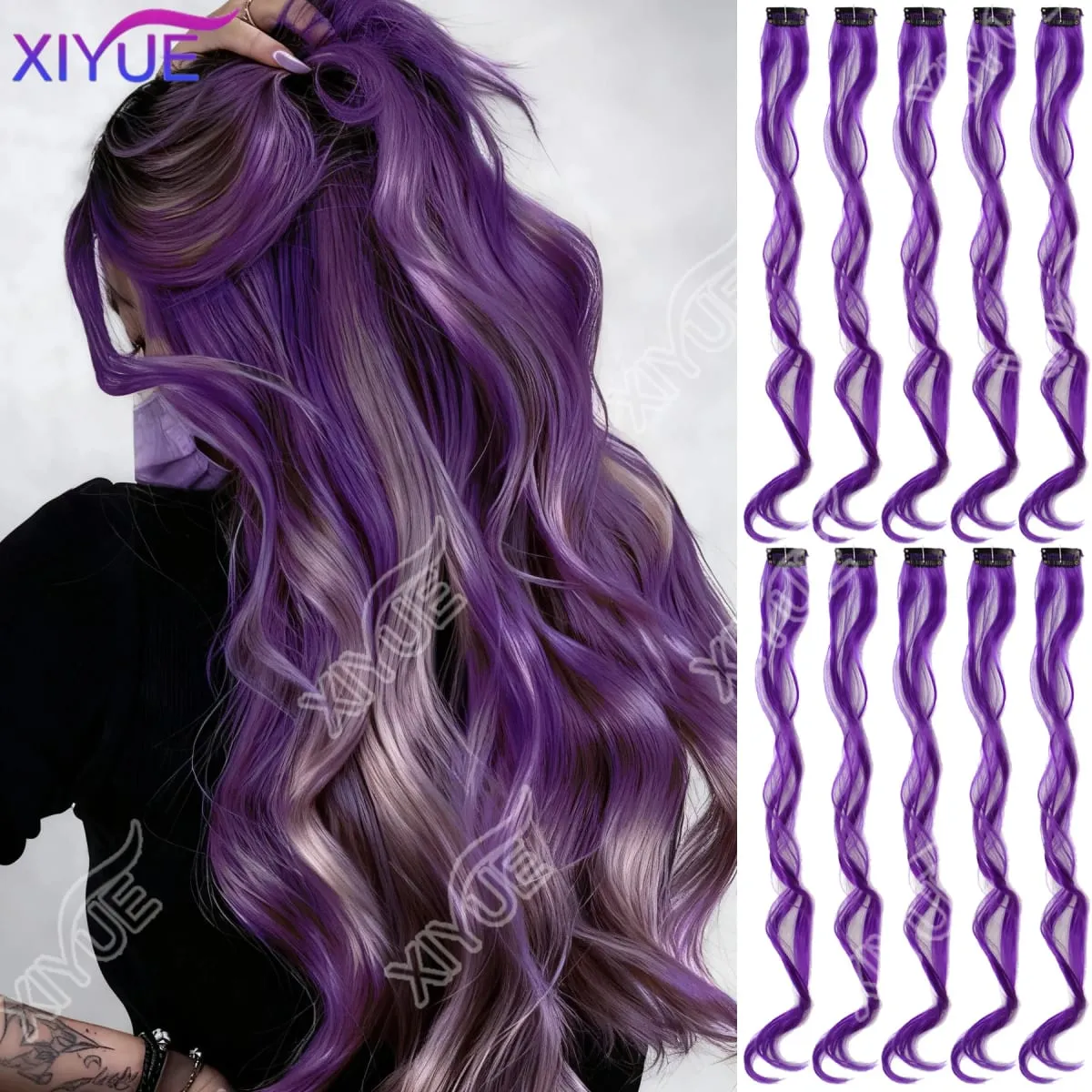 10Pcs Clip In Hair Clip In Wave Curly Hair Purple Red Wavy Hair With Clip In Hair Extension Synthetic 20inch Halloween Christmas — image 2