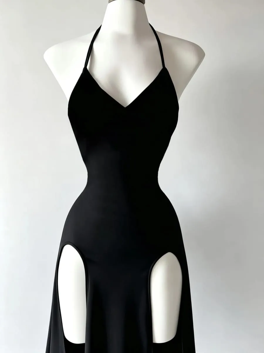 Atmospheric and Stylish Little Black Dress with Thin Halter Neck Deep V-Neck Waist-Cinching Design High Slits on Both Sides and a Flowing Slimming Long Gown — image 4