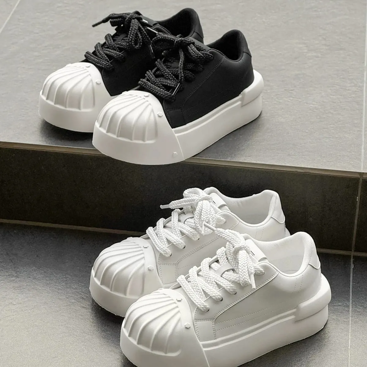 Women Men Sneakers Low-top Shell-head PU Leather Thick-soled Heightening Unisex Leisure Trendy Retro Shoes Men Chunky Trainers — image 5