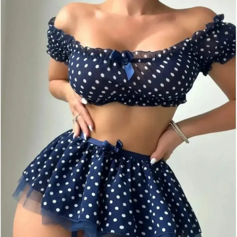 Women's Sexy Polka Dot 2 Piece Lingerie Set Off Shoulder Mesh Tulle Skirt with Garter Straps for Nightwear
