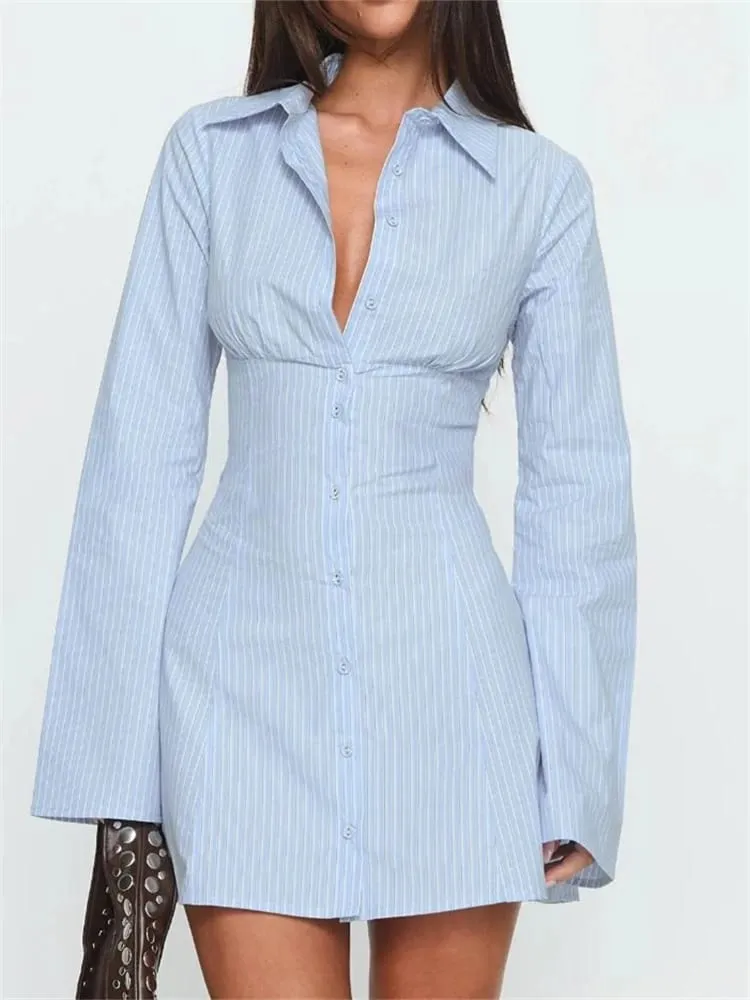 Summer Women's Y2K Shirt Dress Slimming Waist Short Skirt Mini Dress High Waistline Flirty Style Full Sleeve Regular Collar — image 2