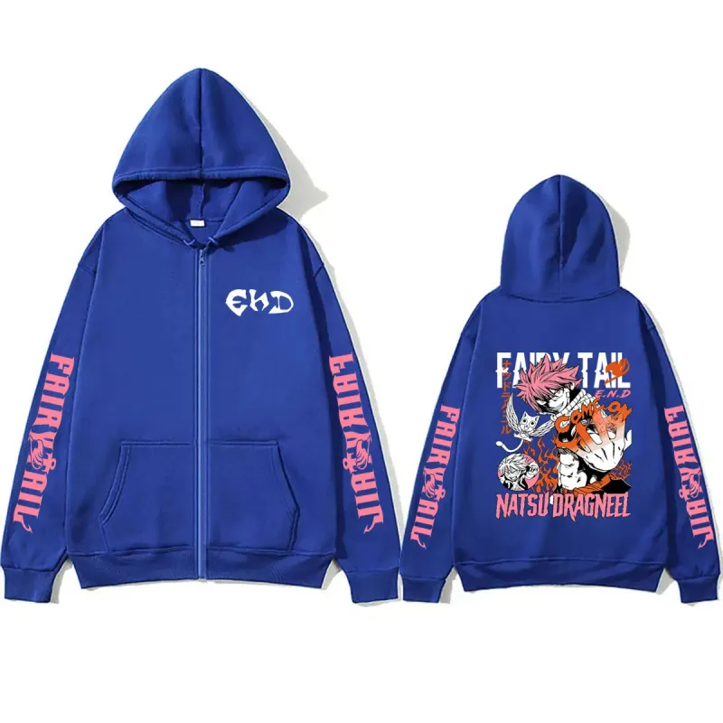 Anime Fairy Tail Zipper Hoodie Manga Natsu Dragneel Graphic Print Zip Up Jacket Coat Men Women Fashion Casual Oversized Hoodies