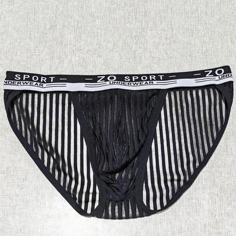 Striped Men's High Slit Sexy Pouch Underwear Ice Silk See Through Comfortable Male Triangle Briefs Man Underclothes — image 15