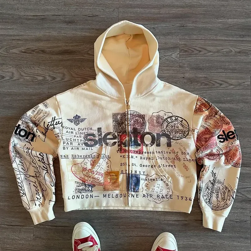 Sweat-shirt à capuche avec fermeture éclair pour homme et femme, imprimé abricot, lettres de dessin animé, mode multifonctionnel rétro Y2K High Street