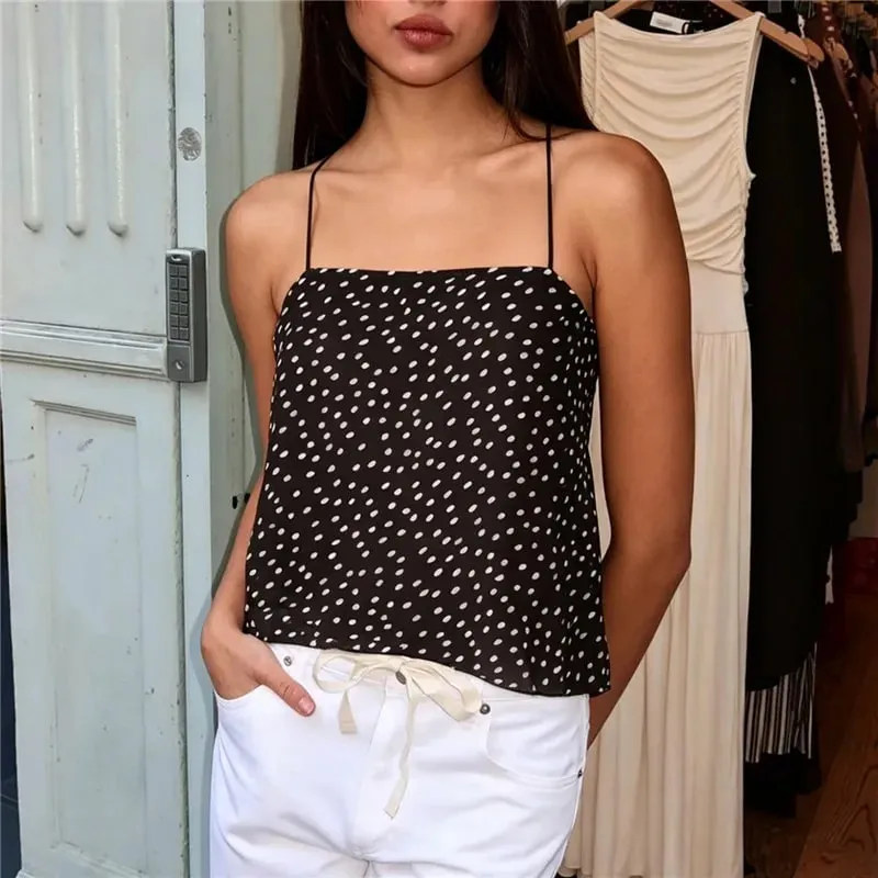 Women Polka Dot Chiffon Cami Top Spaghetti Strap Crisscross Tie Backless Asymmetric Hanky Hem Cropped Camisole Summer Tank Top