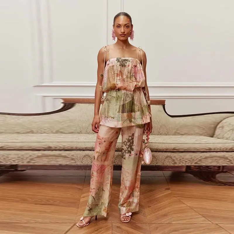 Vintage Women's Printed Beaded Sling Long Dresses Set Lace Up Slit Sleeveless Pleated A-line Dress 2026 Lady Beach Vestidoes — image 7