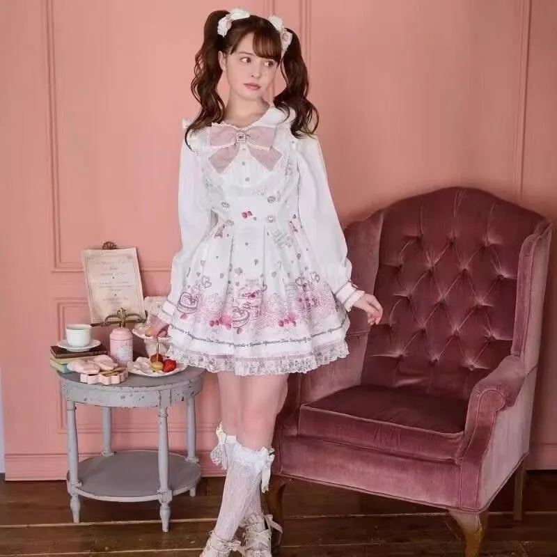 Japanese Kawaii Rhinestone Bow Dress Set Women Sweet Cute Lolita Style Lace Pearl Print Shirt Dresses Gothic Y2k Tea Party Dress — image 5