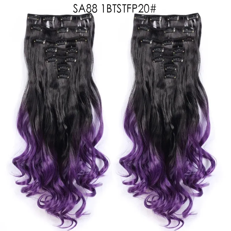 Clip in Long Wavy Synthetic Hair Extension 22 Inch 7PCS Thick Hairpieces Fiber Double Weft Hair for Women