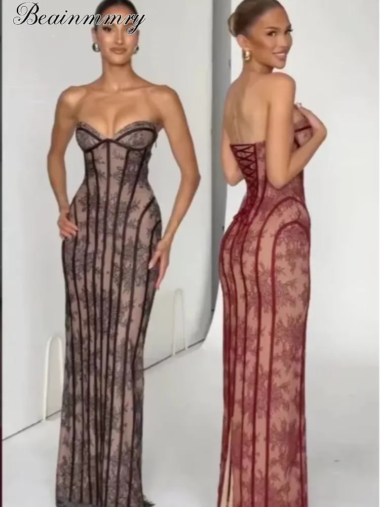 Chic Gauze Fishbone Strapless Dress Women Backless Off-shoulder Waist Cinching Slim Maxi Vestidos 2026 Lady Evening Party Gowns