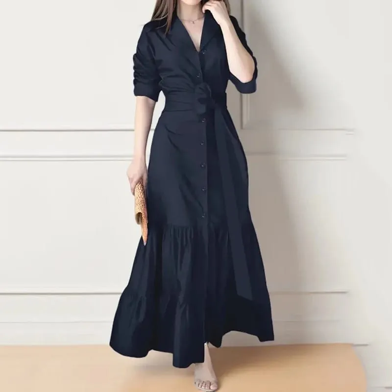 Spring Summer New Women's Long Solid Color Shirt Dresses Versatile Elegant V Neck Lace Up Cinched Waist Single Breasted Dress