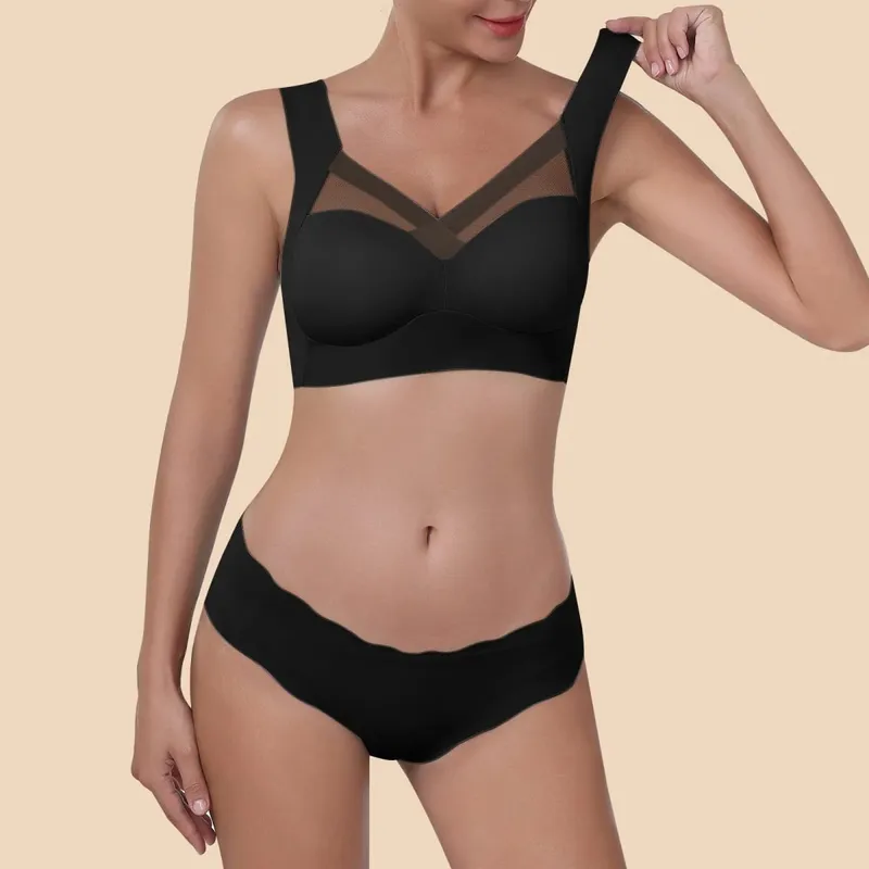 Women Seamless Underwear Set Wireless Ice Silk Thin Back Beauty T Shirt Bra And Smooth Panty Set Solid Color Lingerie Suits — image 10
