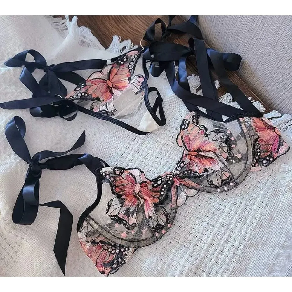 Modest Romantic Lace Butterfly Embroidery Bra Sheer Mesh Camisole Sleepwear Women Daily Wear Push Up Soft Lingerie Set 34-40 — image 2