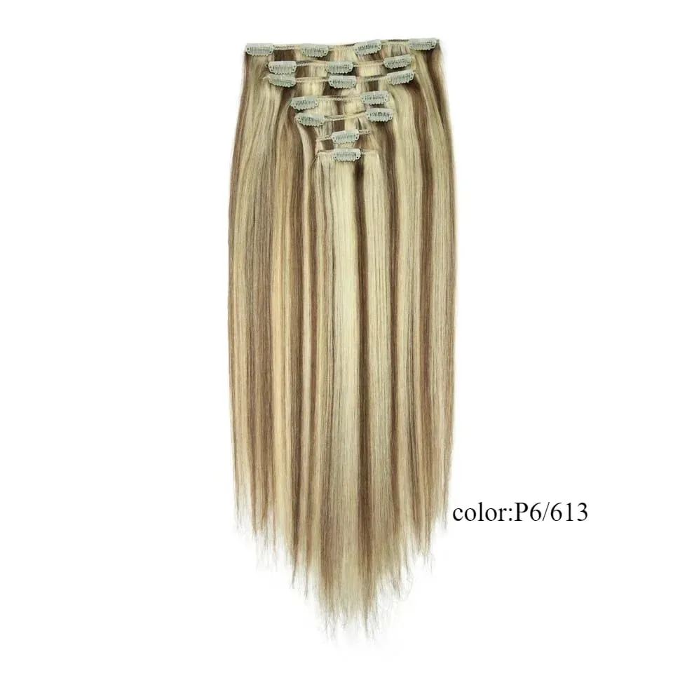 7PCS Double Weft Balayage Clip in Human Hair Extensions Light Brown to Bleach Blonde Ombre Remy Natural Straight Seamless for Wo