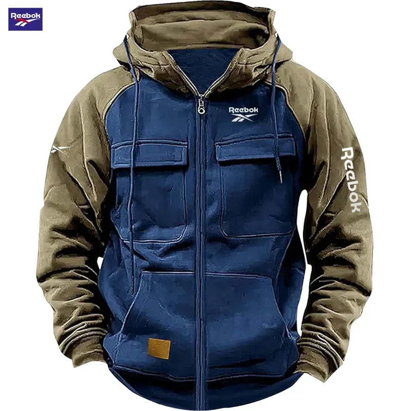2026 Reebok New Autumn-Winter Men's Hooded Patchwork Casual Sweatshirt Loose-Fit Fashionable Youth Multi-Pocket Padded Hoodie — image 2