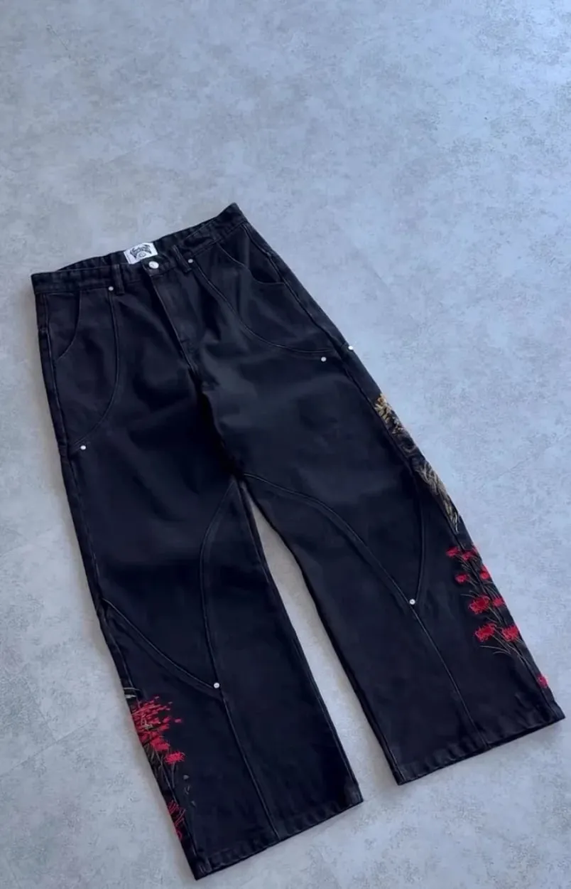 Samurai Embroidery Men Jeans Y2K Retro Harajuku Street Hip Hop High Waist Straight Pants Unisex Wide Leg Loose Denim Pants — image 9