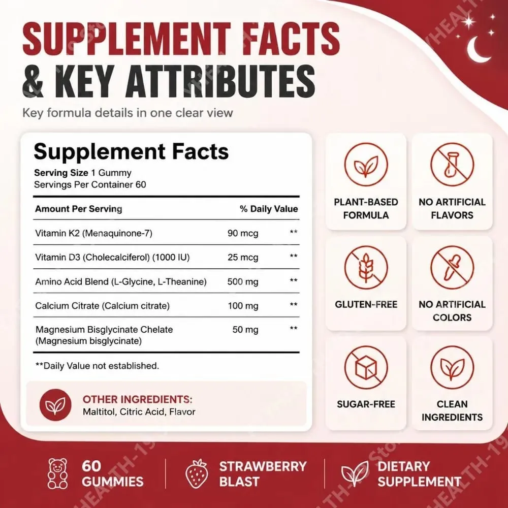 Nutrition Gummies with Vitamin K2 D3 Calcium & Magnesium for Bone Health & Relaxation Sleep Wellness Support Adults 60 Gummies — image 4