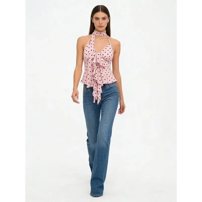 Y2K Spicy Girl Sleeveless Tank Vest Women 2026 Summer American Pure Desire Polka Dot Halter Tie Bow Asymmetric Slim Cami Top