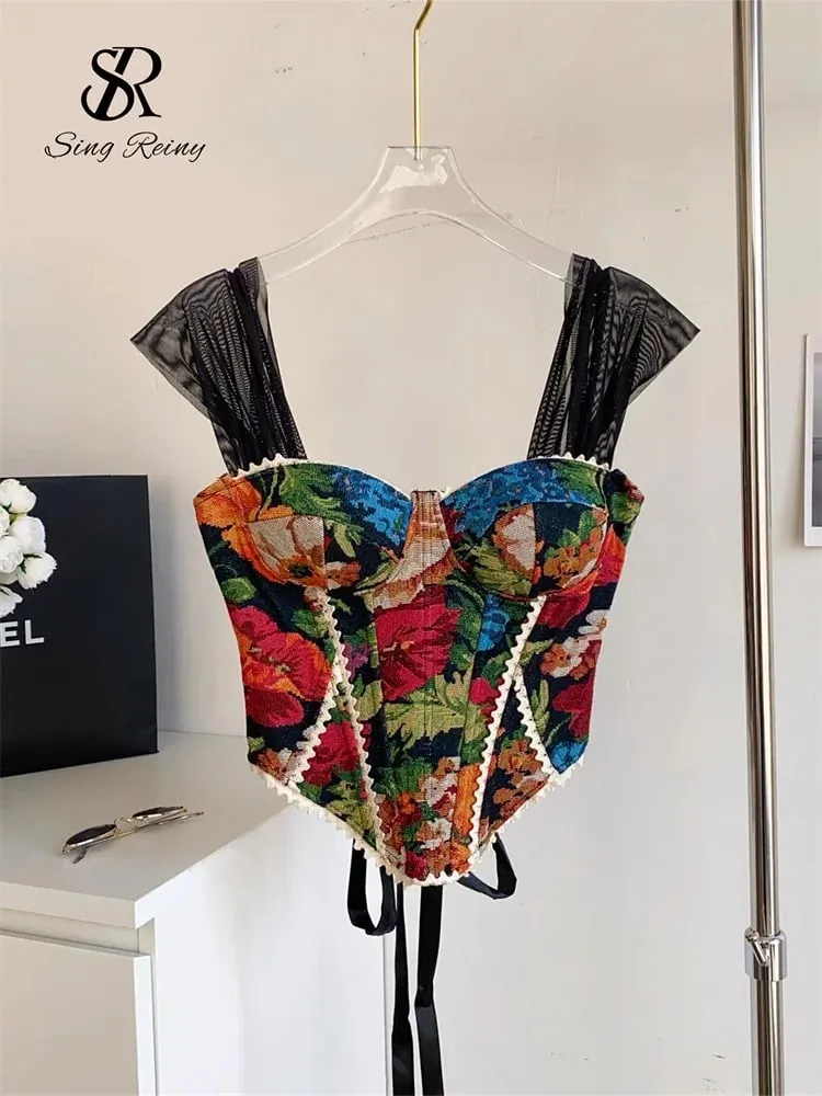 American Retro Print Evening Camisole Female Strap Lace Spliced Slim Top 2025 Streetwear Floral Vintage Beach Tank Top — image 5