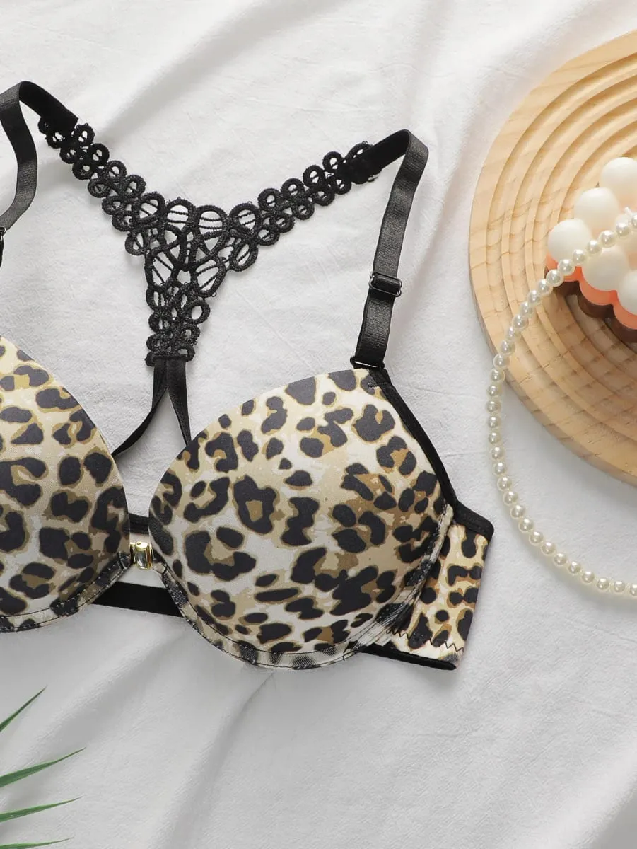 Set reggiseno con chiusura frontale con stampa leopardata e set di lingerie push up con ferretto per donna Bralette sexy in pizzo e slip in due pezzi — image 3