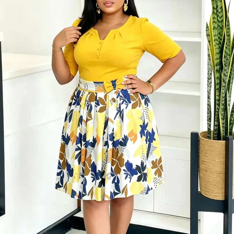 2026 AUTUMN NEW WOMEN SHORT SLEEVE PRINTED COLOR‑BLOCK SPLICING BIG SWING DRESS — image 6