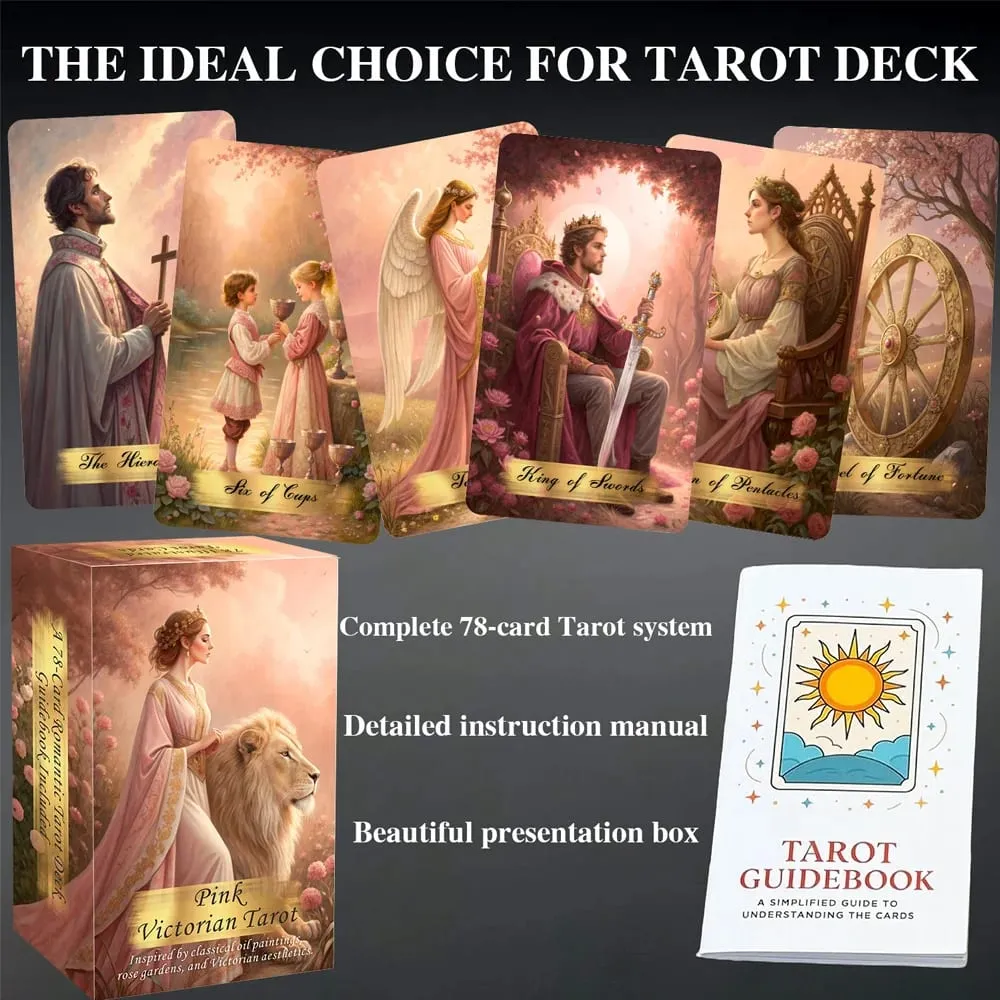 Pink Victorian Tarot Cards Set 78 Pieces 13x8 Cm Romantic at Elegant na Disenyong May Kasamang Mga Tagubilin sa Papel Perpekto para sa Baguhan