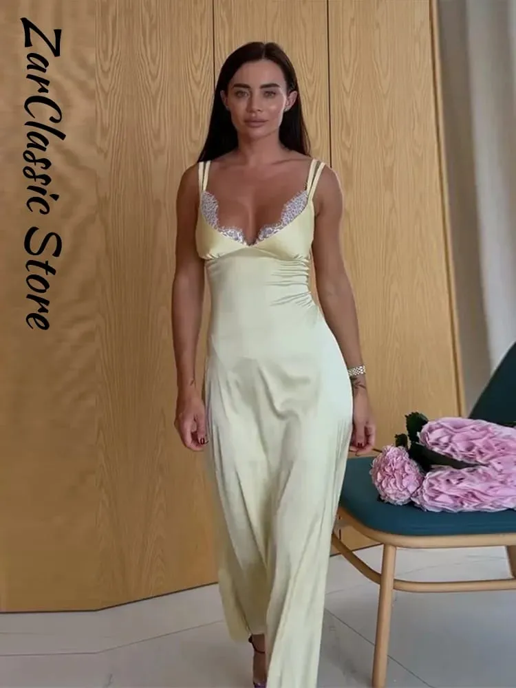 Elegant Lace Satin Summer Women's Dress Yellow V Neck Sleeveless Waist Cinching Strap Casual Dresses New Party Evening Robe 2026
