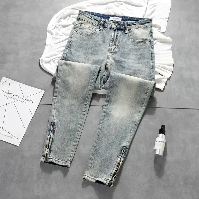 Cargo Old Retro Light-colored Trousers Zipper Jeans Men's New Trendy Elastic Slim-fitting Small-footed Trousers Denim Man Pants — image 3