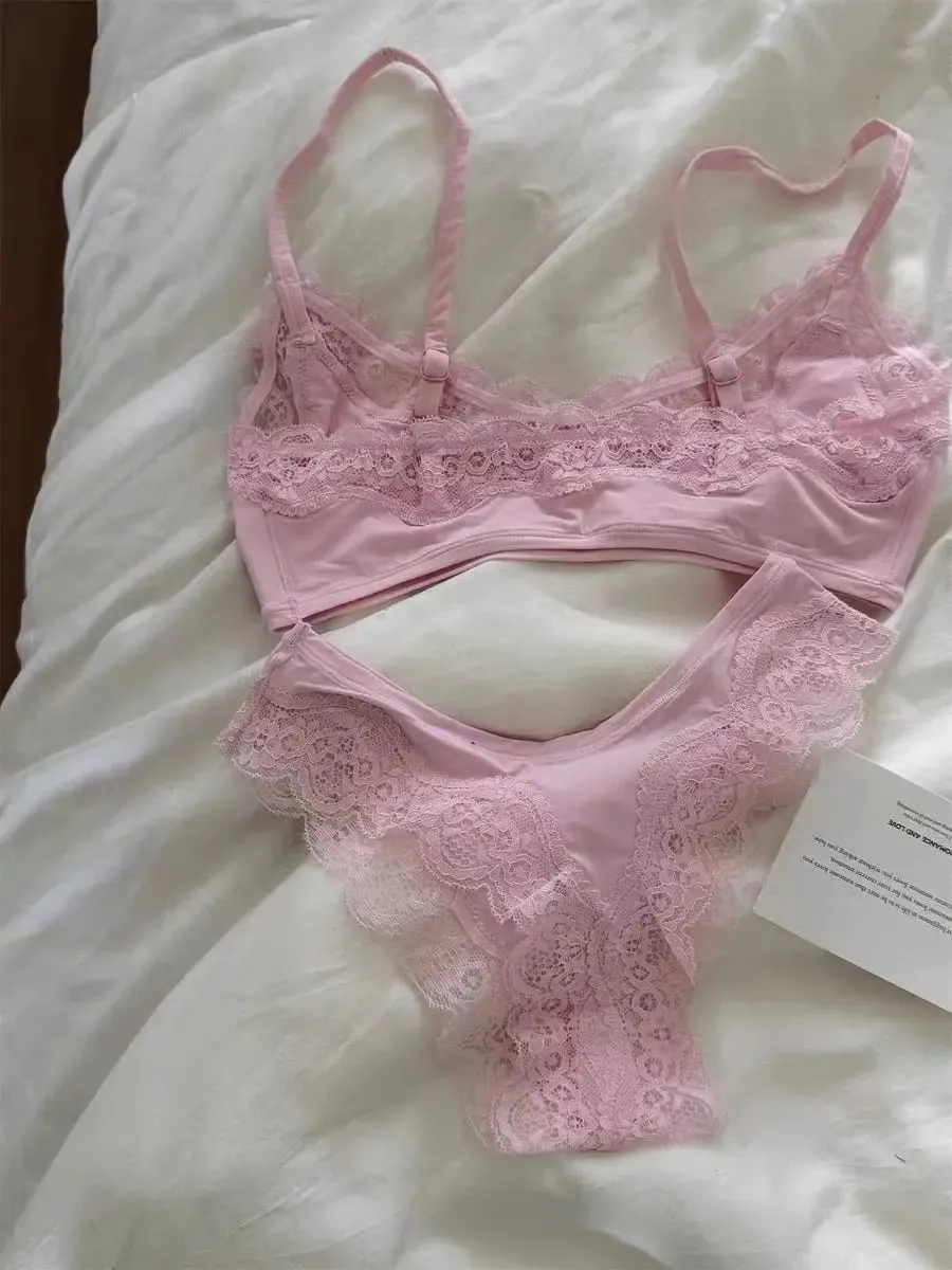 Pink Lace Bra Set Woman Adjusted-strap Seamless Bras+Low Waist Panties Female Casual Simple Solid High Elasticity Lingerie Sets