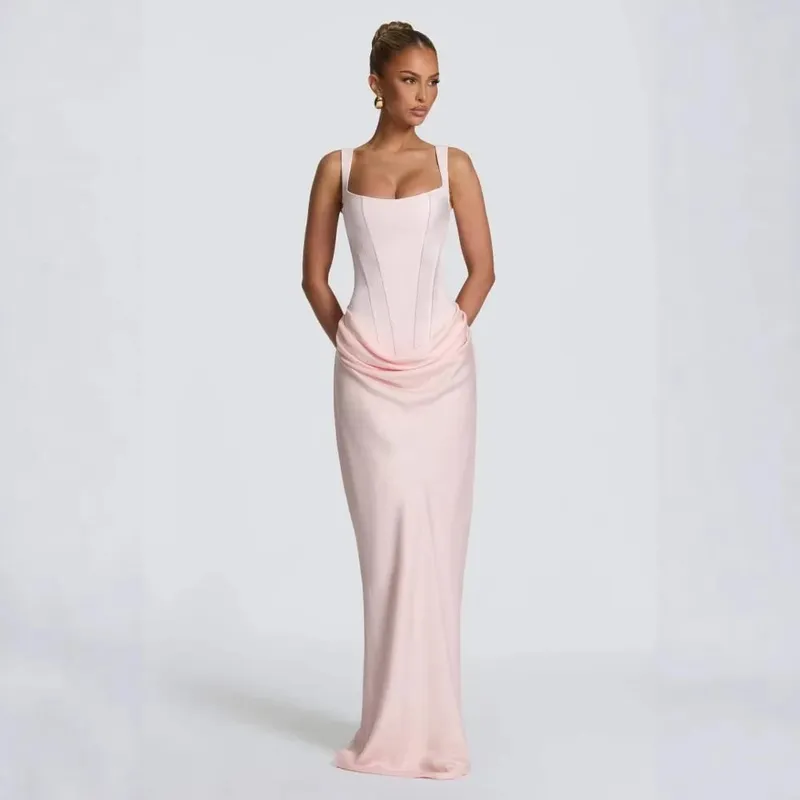 Ladies' formal square neck sleeveless waist cinching design with pleated fish tail long skirt for dinner party slimming dress — image 6
