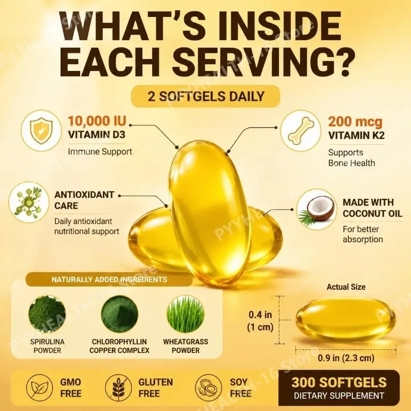Docteat Vitamin D3 & K2 Softgels with Immune Support and Bone Health Coconut Oil GMO Free Gluten Free Soy Free 300 Softgels — image 3