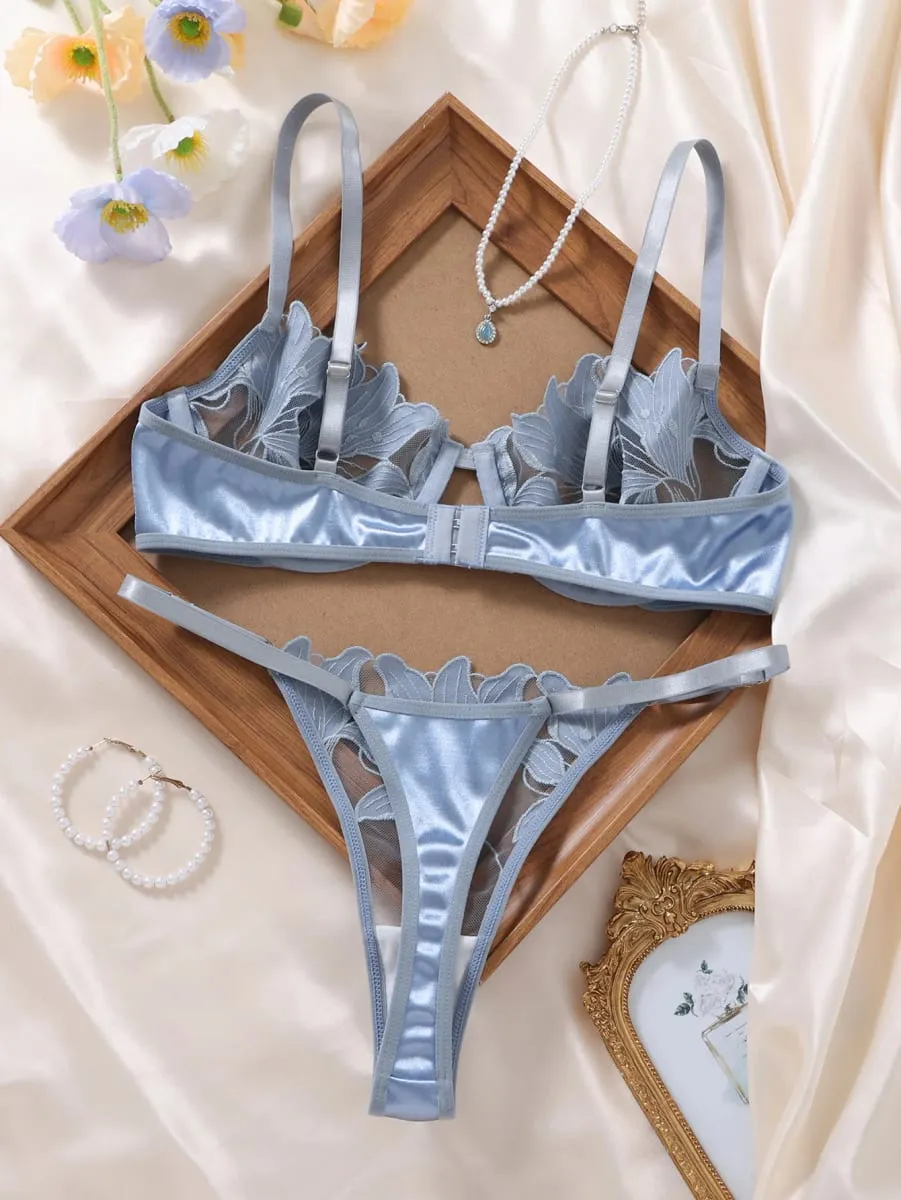 Light Blue Leaf Embroidery Lingerie Set Women Sheer Mesh Push Up Bra And Thong 2 Piece Sexy Transparent Lace Underwear ZA824031 — image 2
