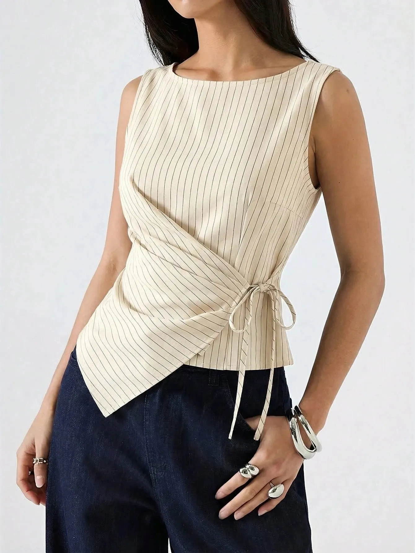 Women's Elegant Stripe Printing Slim Fit Side Tie-Strap Pleating Sleeveless Top Casual Asymmetry Hem Boat Tank Top Summer 2026 — image 3