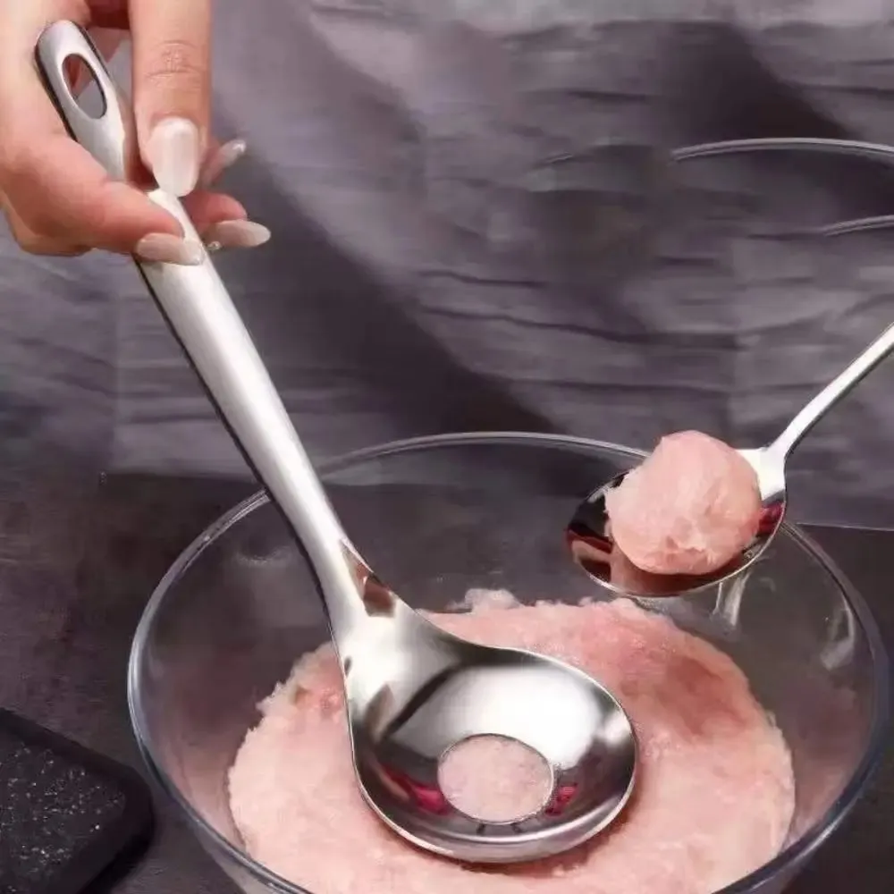 Stainless Steel Croquettes Meatball Spoon Mold with Round Hole Non-stick Meatball Maker Spoon Hangable Meat Press Tools Home Use