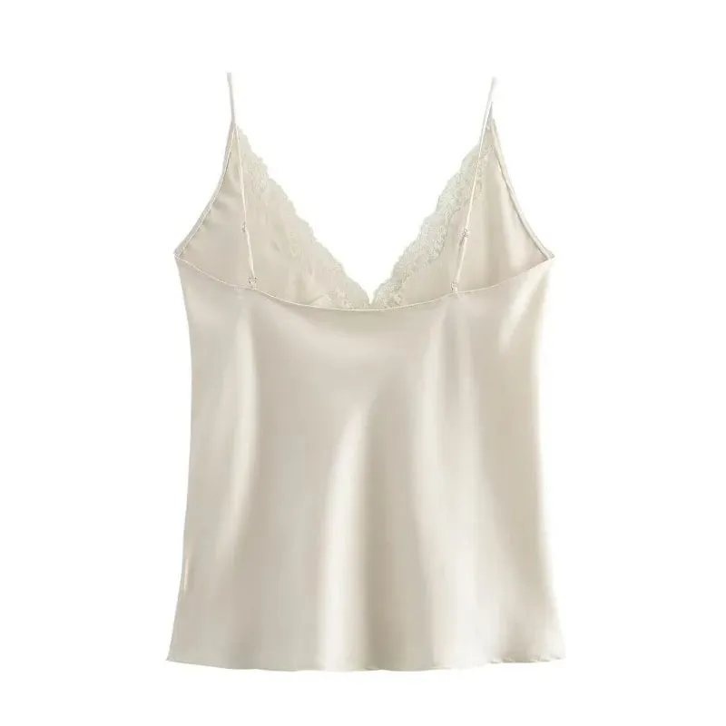 Women Lace Patchwork Tanks Tops Satin V-neck Solid Sleeveless Camisole Summer Women Spaghetti Strap Mini Tops Fashion Slim Camis — image 3