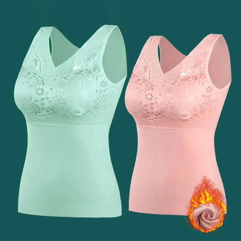 Women Winter Lace Padded Thermal Vests Soft Skin‑Friendly Undershirts Comfortable Sleeveless Inner Versatile Daily Tank Tops — image 2