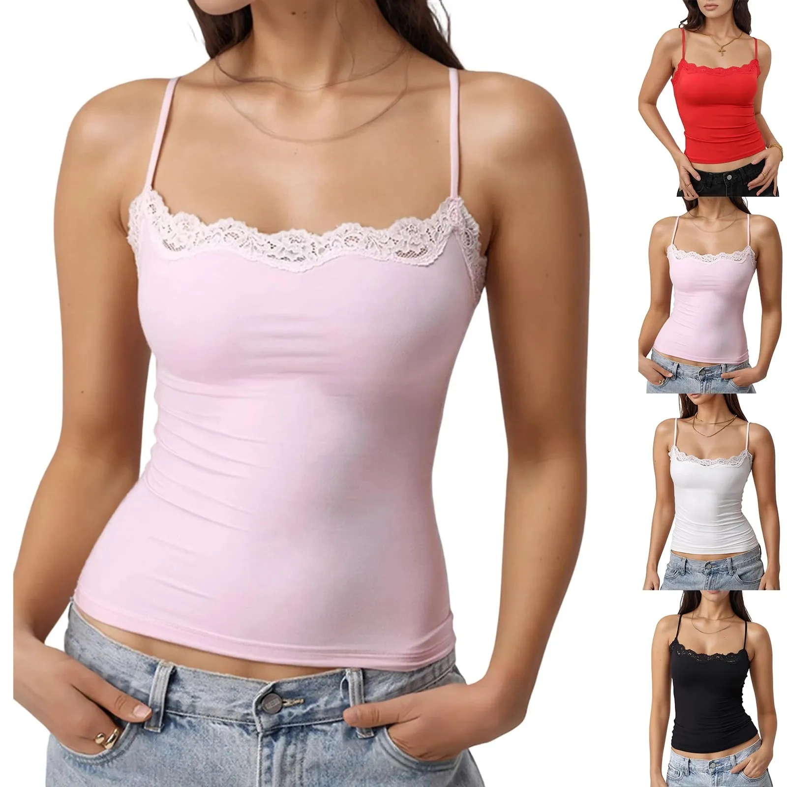 Sexy Lace Style Aesthetic Sweet Tank Tops Women Sleeveless Casual Solid Color Tanks Harajuku All Match Cropped Thin Fashion Cami — image 7