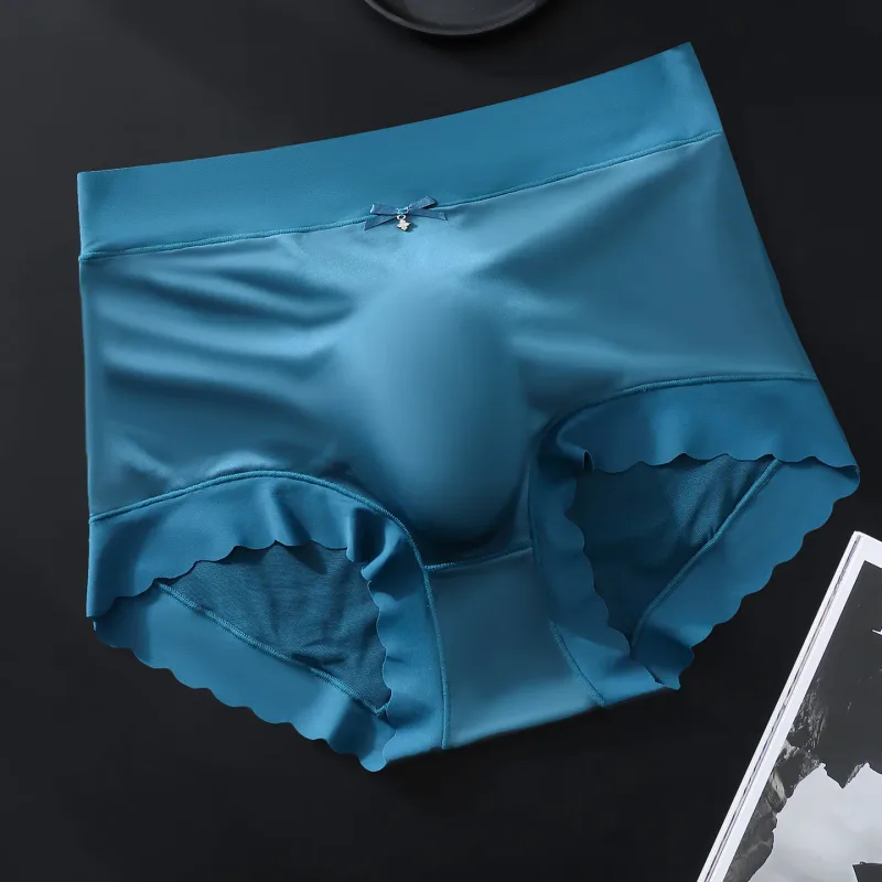Men's Seamless Ice Silk Briefs 3D Contour Pouch Mid Waist Satin Smooth Scalloped Edge Ultra Thin Male Underwear