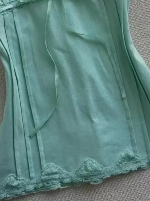 Women Retro Y2K Fairy Cami Tank Top Spaghetti Strap Mint Green Lace Bow Slim‑Fit Coquette Aesthetic Summer Casual Party Tops — image 3