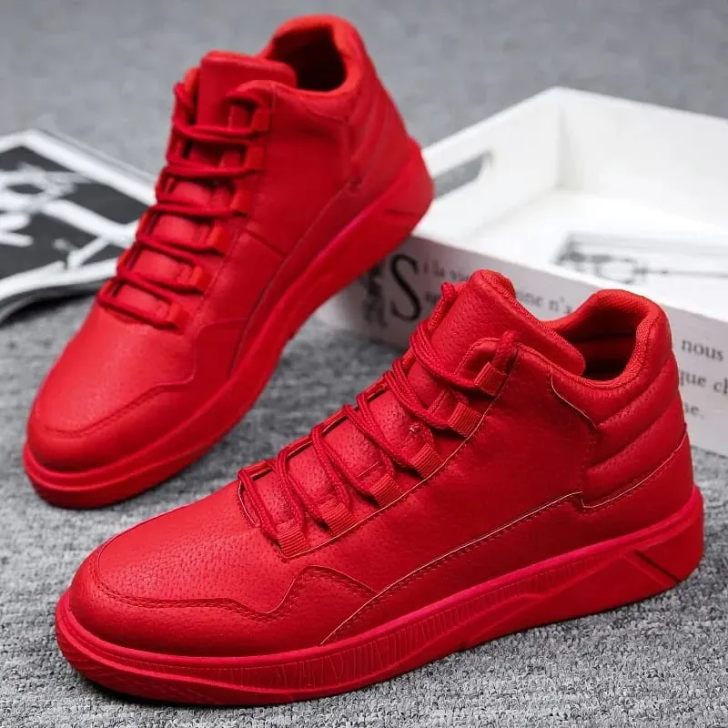Keep Warm Men's Red High-Top Leather Skate Shoes Flat Lace-Up Sneakers Versatile Casual Streetwear Non-Slip Grip Sole Footwear