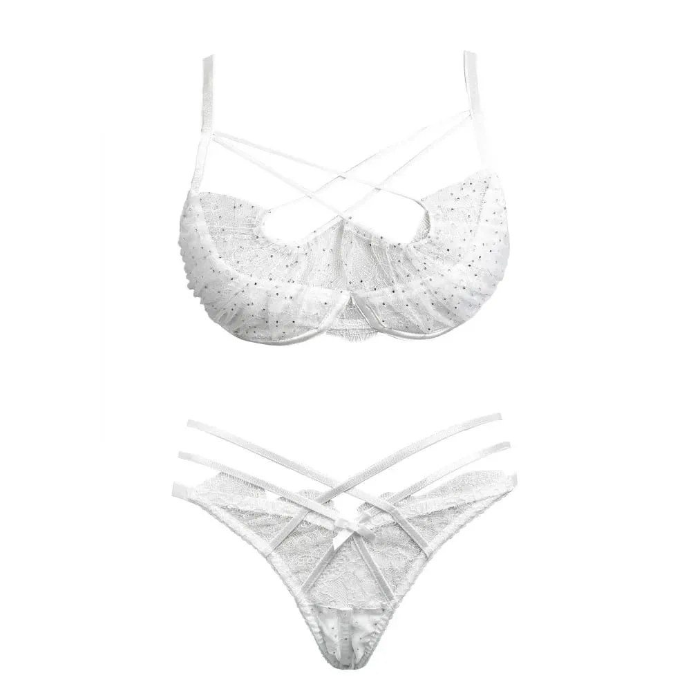 Hot Sale Summer Lace Embroidery Cross Tie Lingerie Set Sheer Mesh Push Up Bra Comfort Daily Wear Underwear Set for Women 32-38 — image 3