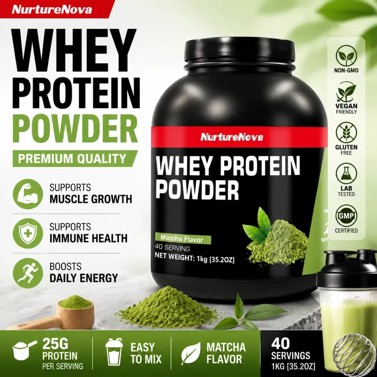 NurtureNova Bubuk Protein Whey 40 Porsi Campuran Minuman Protein untuk Dewasa Cokelat Matcha Rasa Stroberi Nutrisi Harian