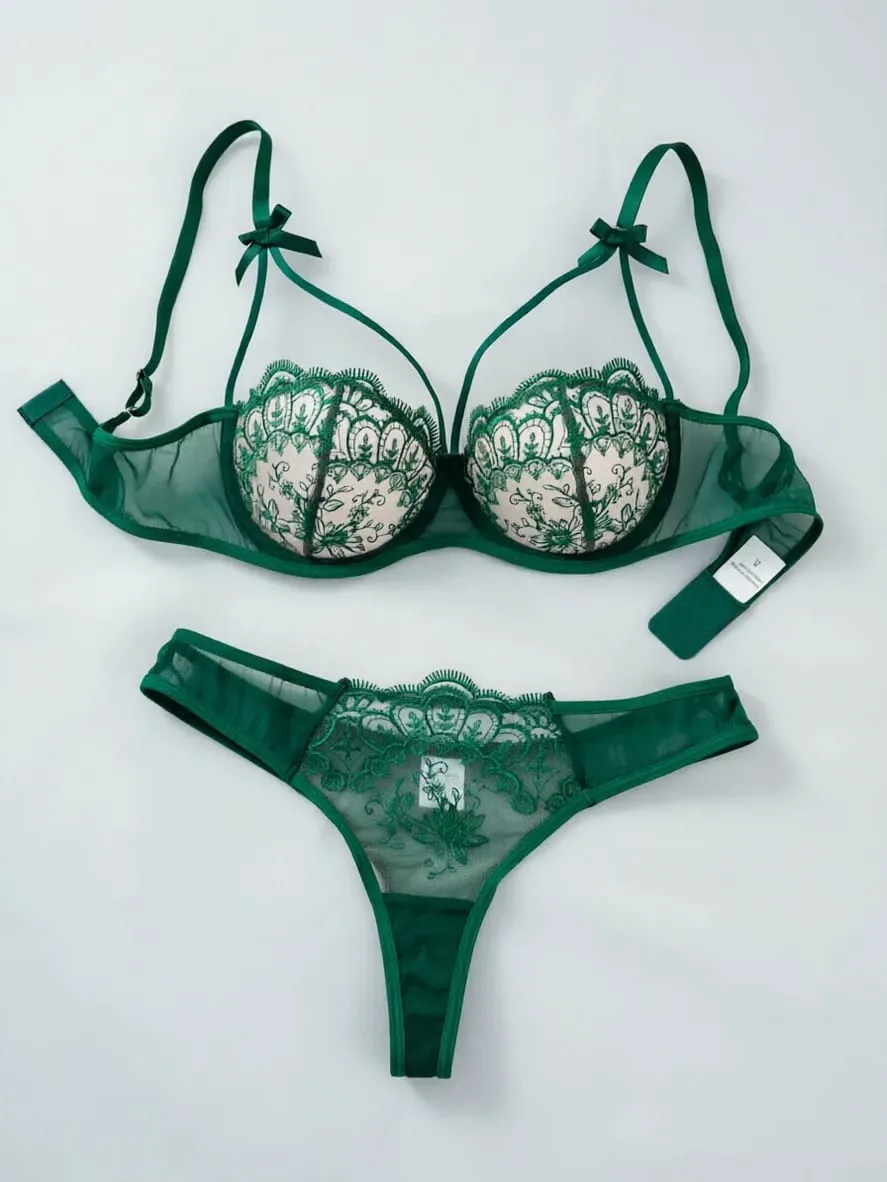 2-piece Women's Lingerie Sets Women's Green Comfortable Lightweight Bow Semi Transparent Lingerie Set — image 1