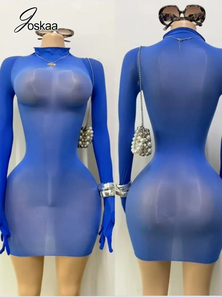 Joskaa Sexy Glossy Oil Shine Dress Long Sleeve Finger Gloves Design Seamless Bodycon Silky Smooth Tight Pantyhose Mini Dresses — image 2