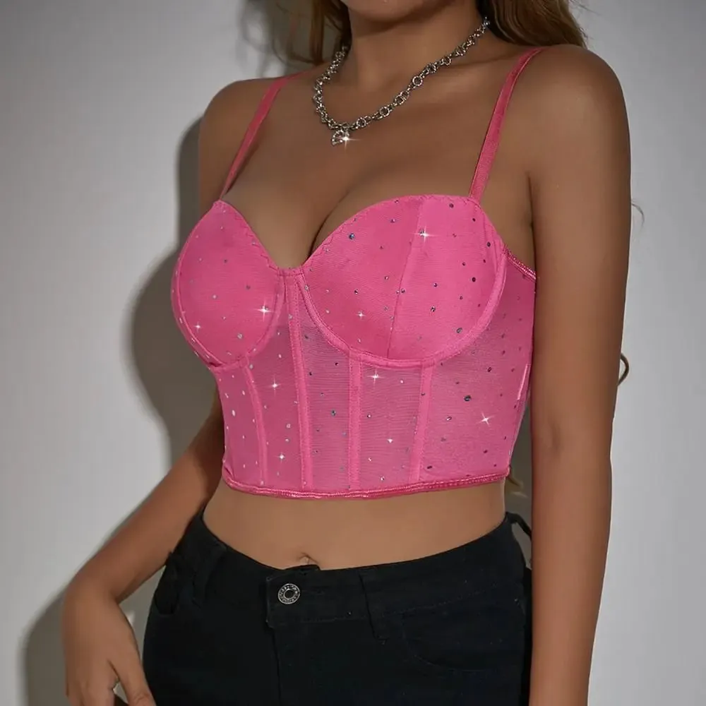 Fashion Black Mesh Crop Top Crystal Hollow Out Sexy Tank Top Camisole Sleeveless Women Short T-shirt Girls — image 11