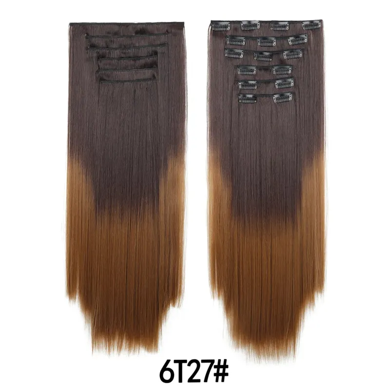 6PCS/Set Clip In Hair Extensions Long Straight Hair Full Head Ombre Gradient Color Synthetic Hairpiece For Women Daily Use