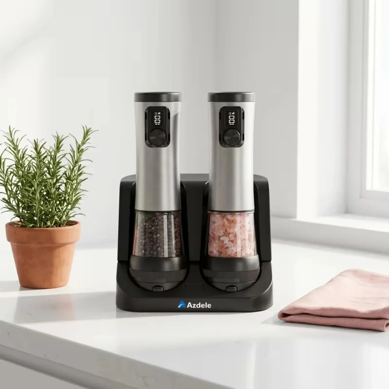 Electric Salt And Pepper Grinder Set Dual-Speed Adjustment Stainless Steel Rechargeable Automatic Pepper Grinder Jar With USB Charging Base Large 3.38 Ounce Capacity External Adjustable Coarseness LED Light. — image 6