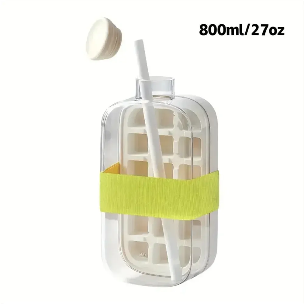 Ice Cube Bottle with Straw 2 In 1 Touch-Free Push-Type Ice Cube Making Bottle Easy Release Water Bottle Ice Mold