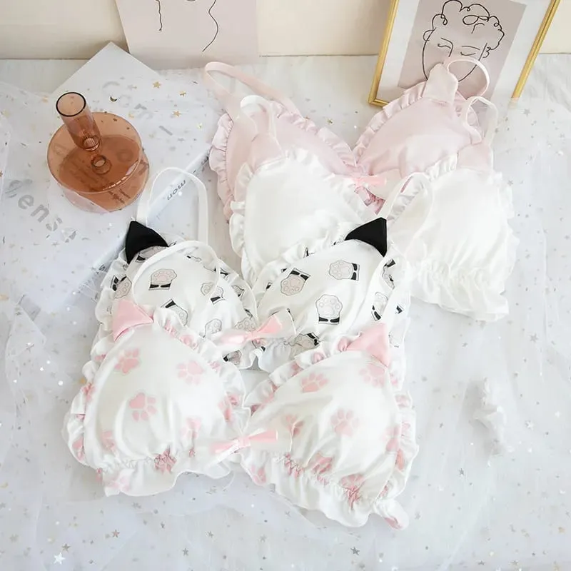 Conjunto de sujetador japonés suave para niña, lencería de mujer con diseño de pata de gatito, tela de seda de leche, copa triangular sin aros — image 4